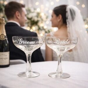 Vintage Treasure Masters Etched Bride Groom Champagne Coupe Glasses Set Wedding